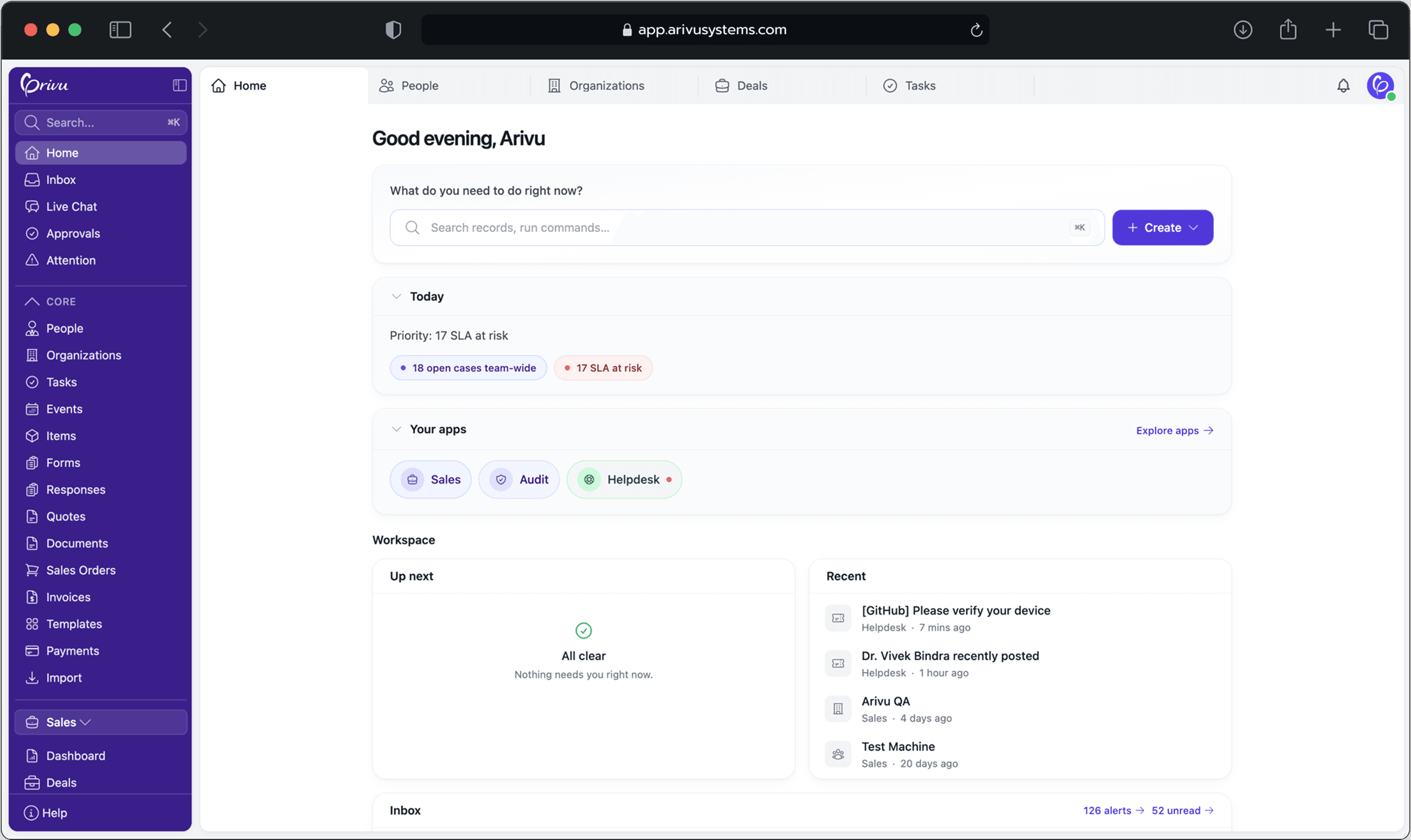 Arivu product dashboard showing connected business operations